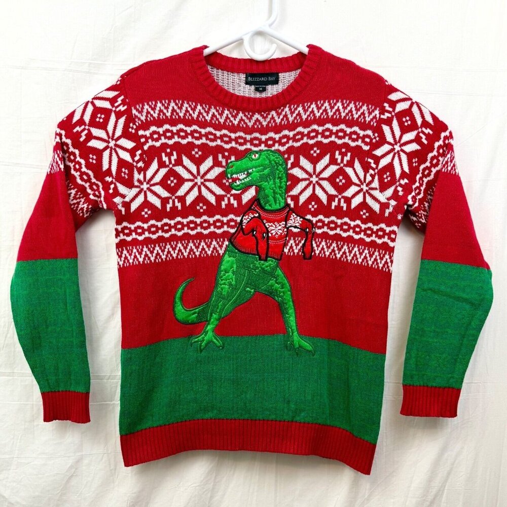 T-Rex Short Arms Ugly Christmas Sweater Unisex M Red Green Blizzard Bay
